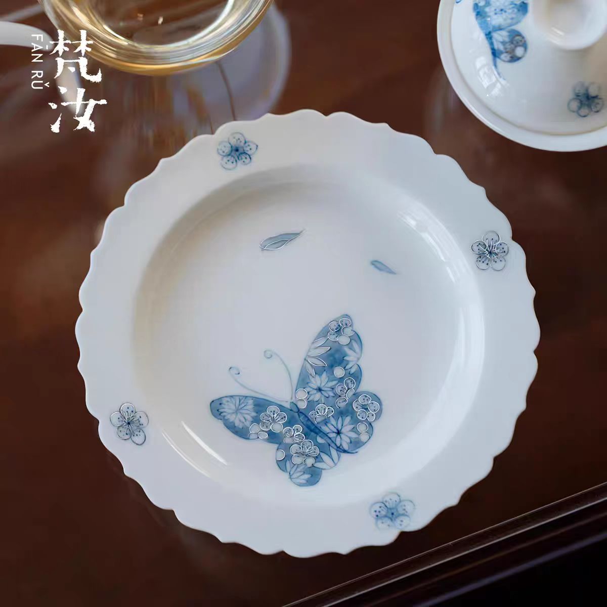 B-HC-0412 蝶恋花青花蝴蝶-描银花口壶承