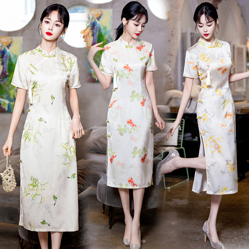日常大码竹叶节节高升优雅气质八盘扣冰凉送考改良旗袍连衣裙长裙