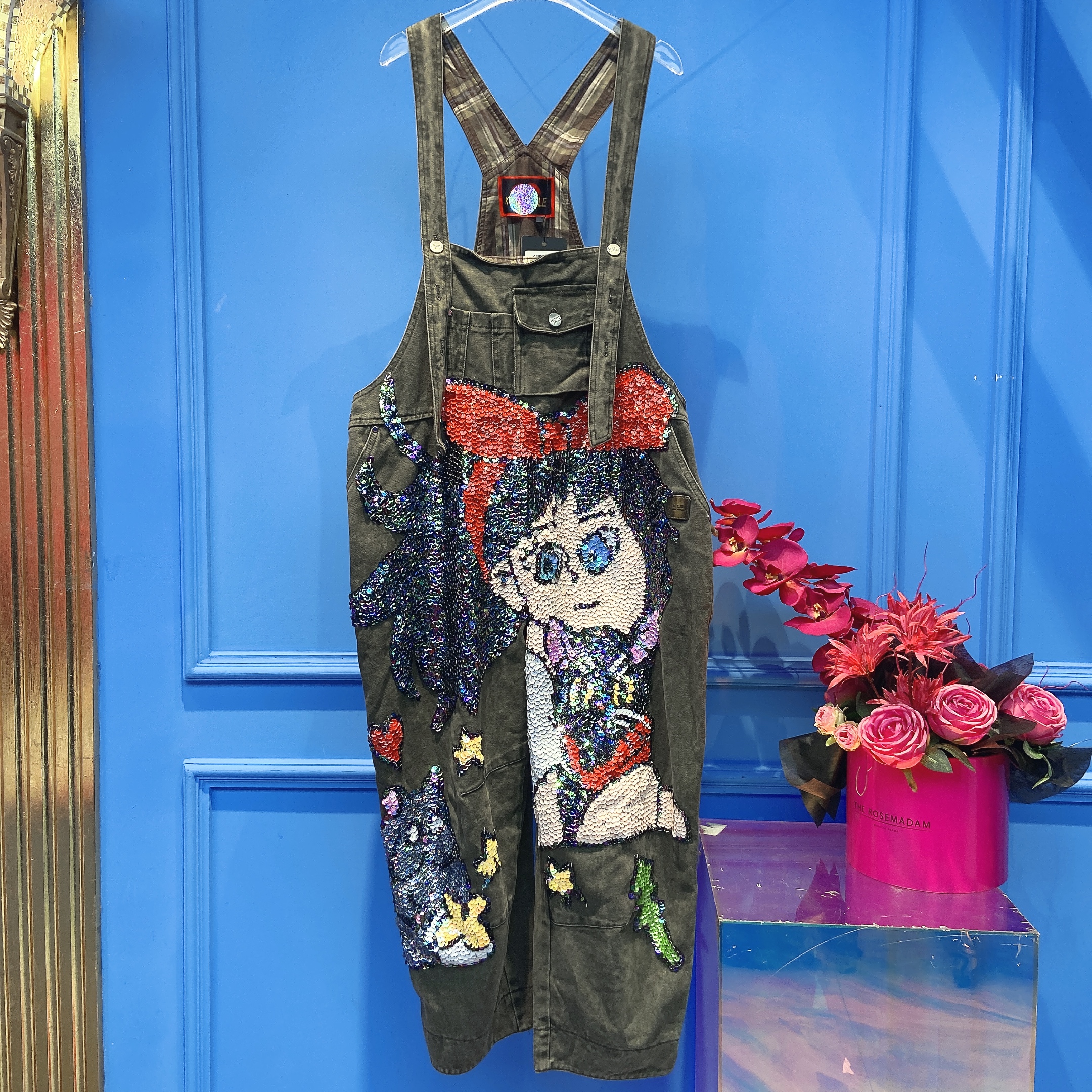 【婷姐定制】TT820时尚连体宽松重工亮片卡通牛仔裤