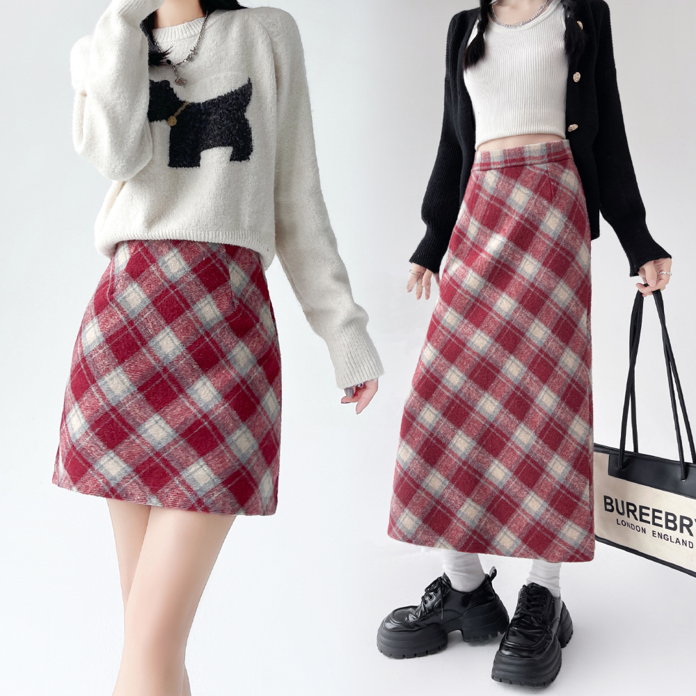 毛呢格子半身裙女秋冬复古高腰显瘦格纹中长款a字一步包臀裙