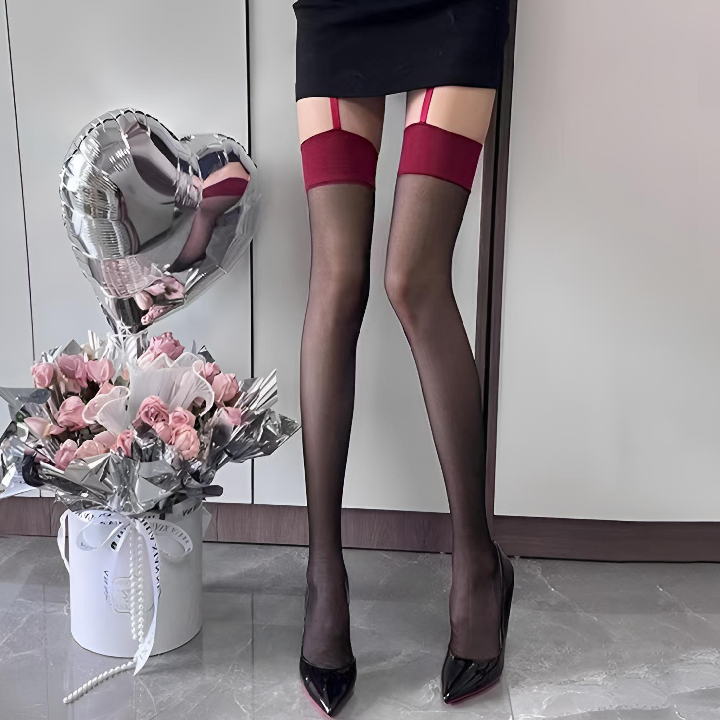 辣妹网红爆款红边吊带丝袜性感连体式超薄一体黑丝袜长筒女潮夏季