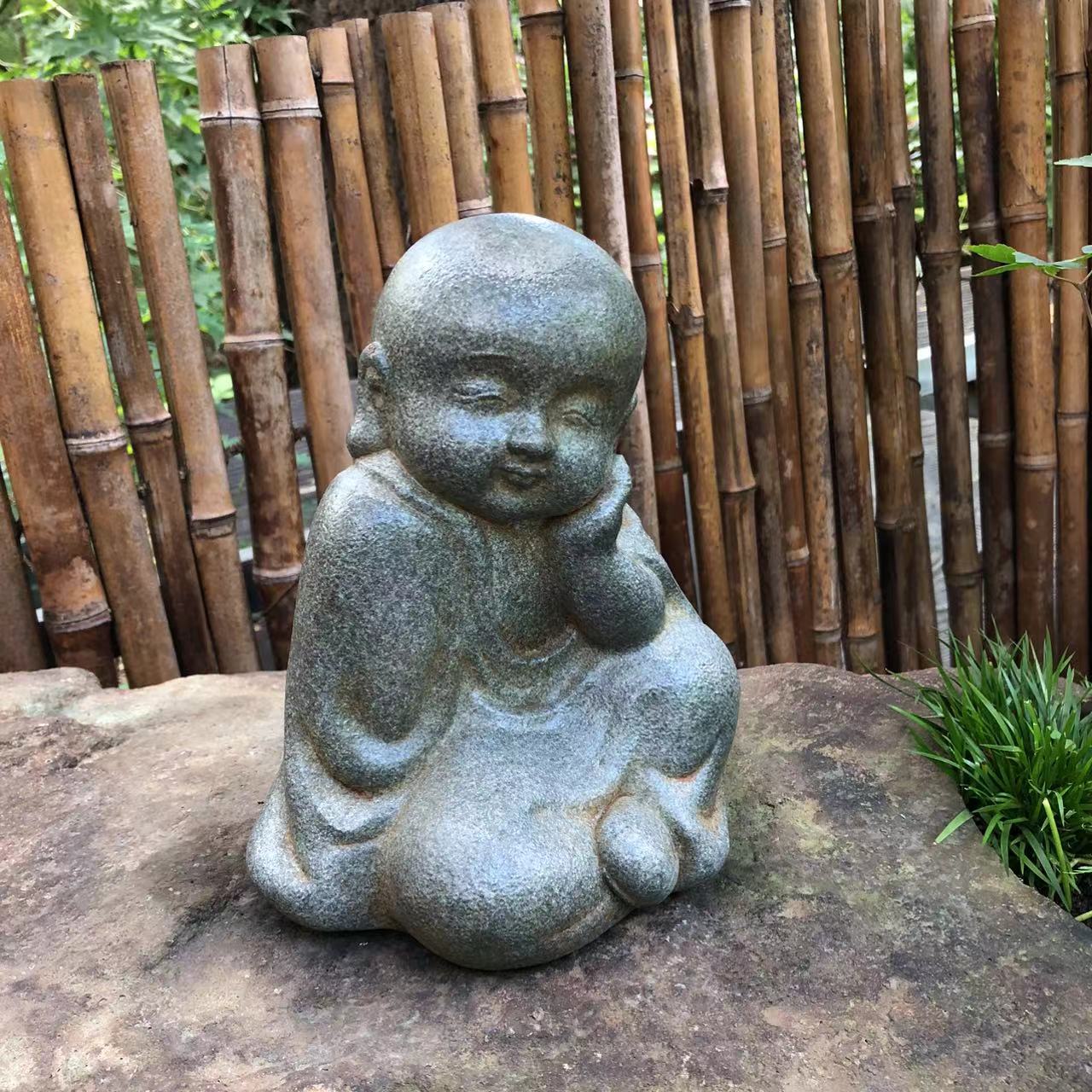 老李头创意摆件静思托腮沙弥桌面茶室庭院中式小和尚装饰品