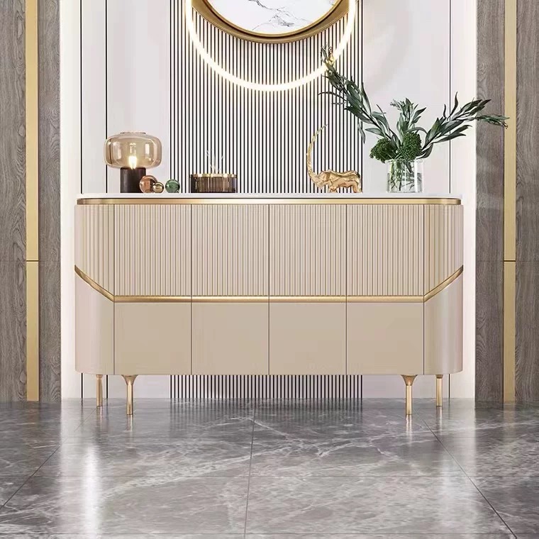 现代轻奢客厅高级设计师款线条鎏金轻欧轻法式半圆玄关柜