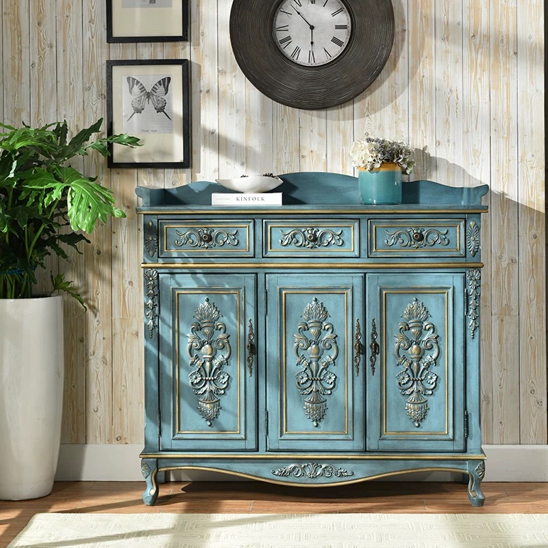 美式复古鞋柜家用玄关入户门口实木玄关柜整装彩色走道靠墙装饰柜