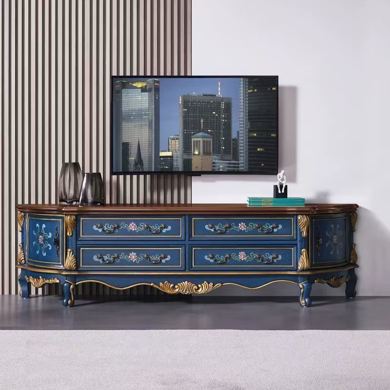 美式乡村实木电视柜欧式客厅复古电视柜整装半圆带抽屉两门储物柜