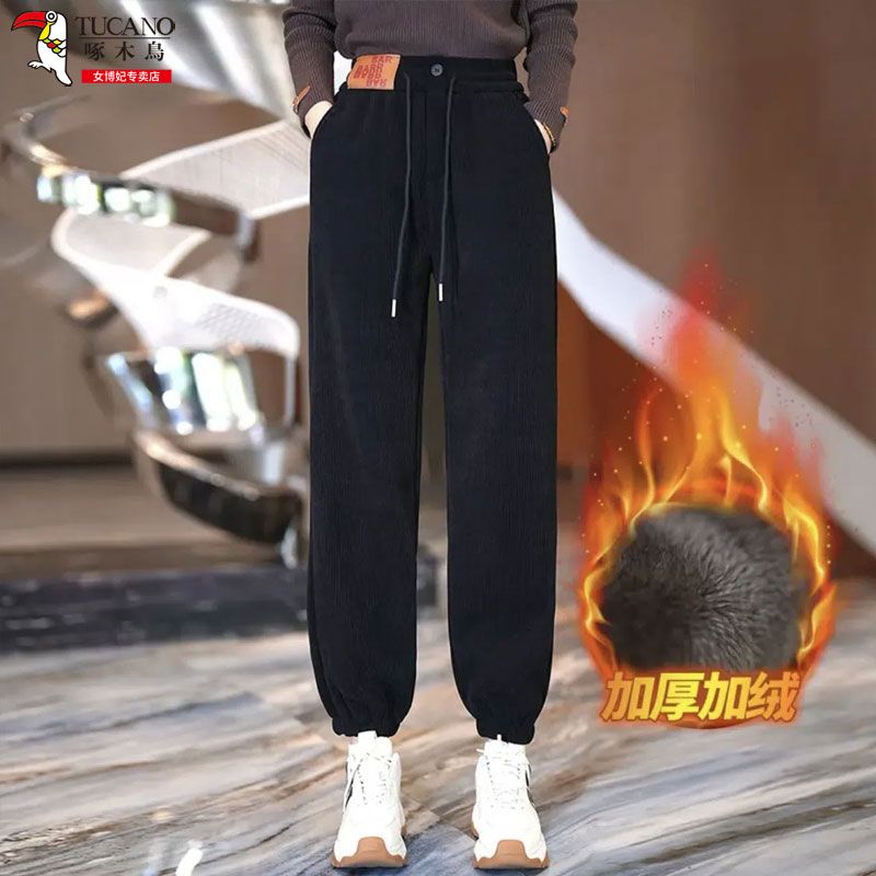 啄木鸟哈伦裤女秋冬2023新款休闲束脚裤宽松老爹裤加绒灯芯绒裤子