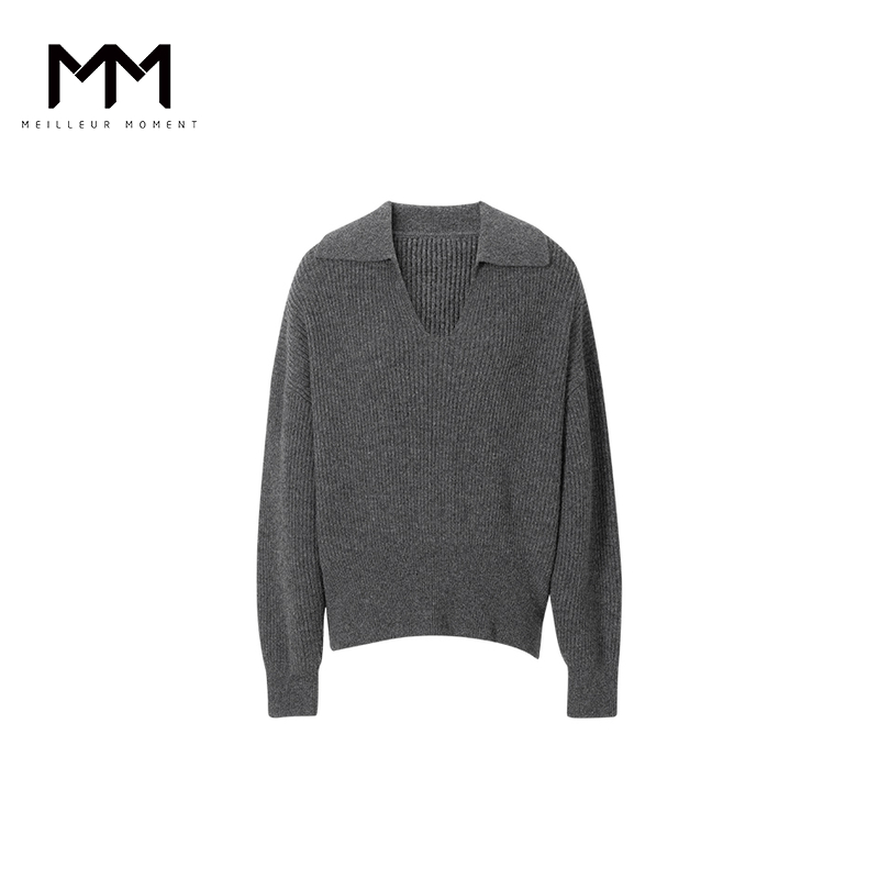 MM麦檬23年秋冬新款宽松休闲翻领V领羊毛针织衫毛衣女5EA233441
