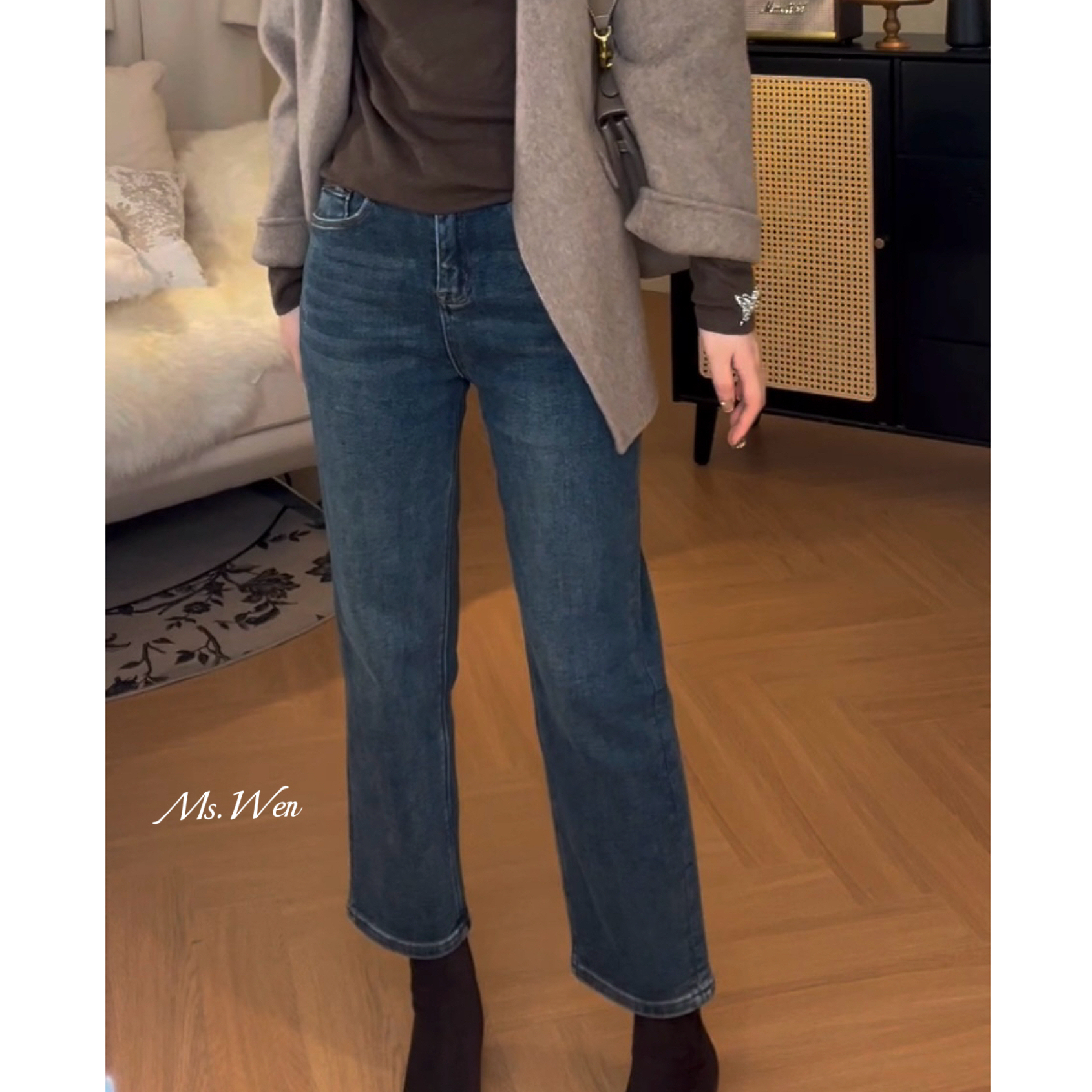 【WENZO】蓝色直筒裤~冬季百搭时尚弹力宽松直筒加绒牛仔裤W241129