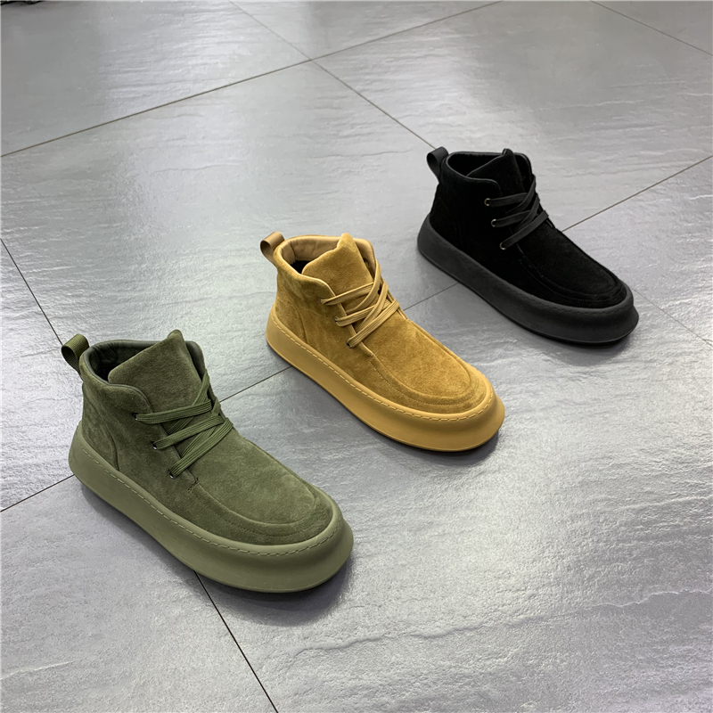 棉鞋男冬季加绒系带高帮休闲皮鞋男厚底翻毛皮短靴男士高端马丁靴