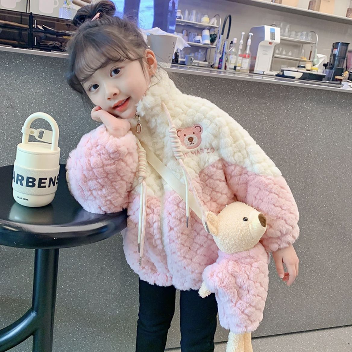 女童加绒外套2023冬装新款儿童加厚保暖上衣韩版洋气毛毛衣棉服