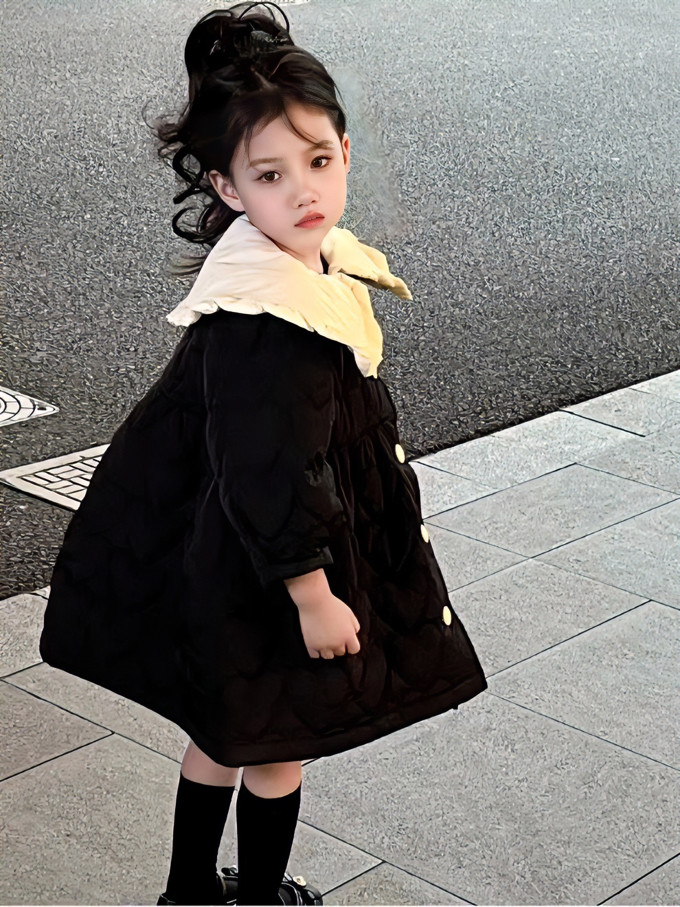 韩国童装女童秋冬季棉服2023新款女宝宝甜美洋气大翻领中长款棉裙