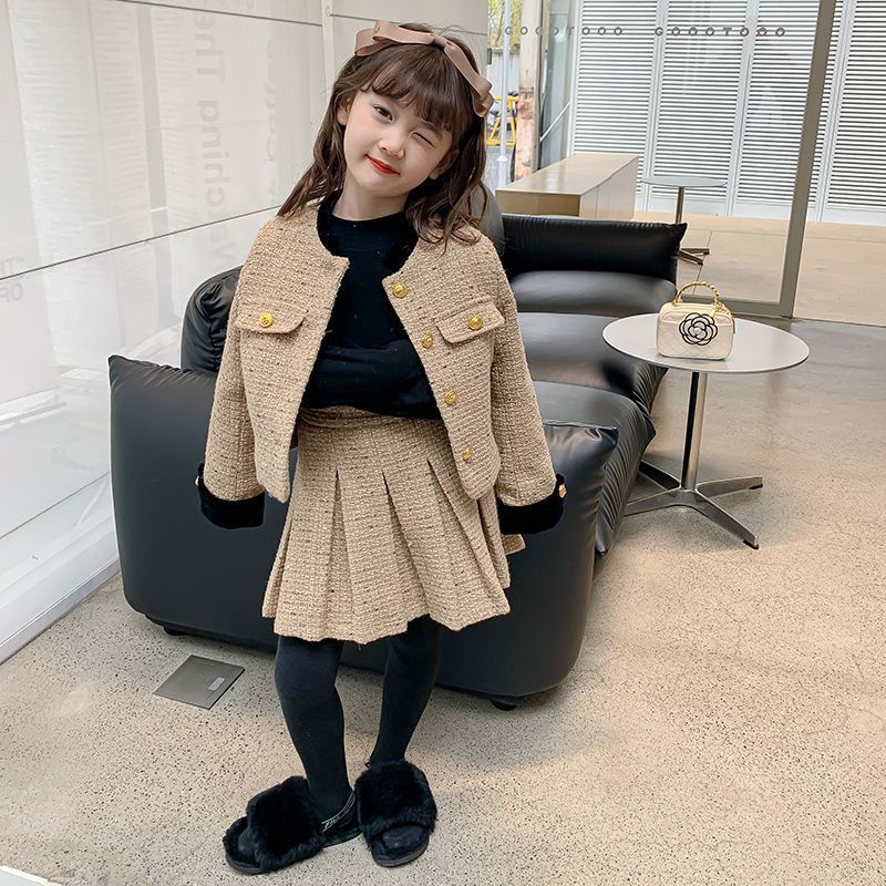 女童小香风套装秋冬新款小女孩时髦穿搭童装儿童外套裙子两件套装