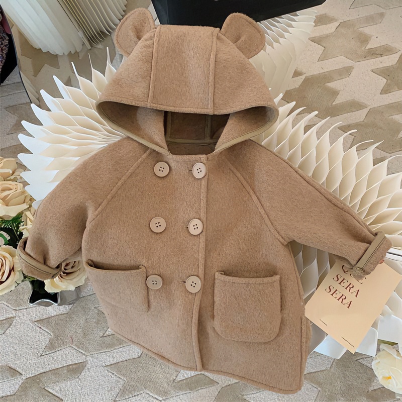 韩国童装儿童2023秋冬季新品可爱小熊双面呢男女童双排扣大衣外套