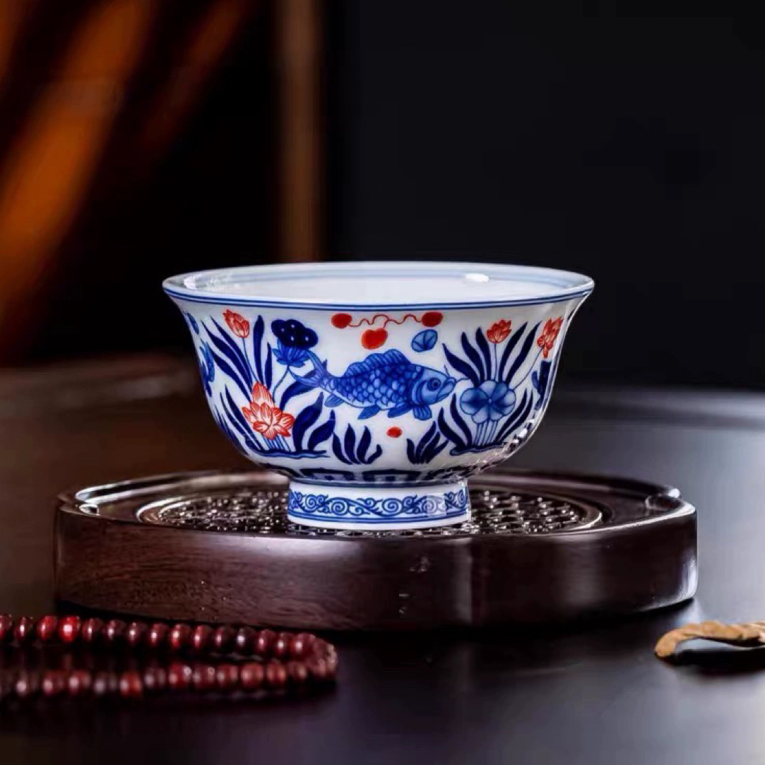 景德镇仿古泥青花釉里红鱼藻纹压手杯个人专用茶杯家用主人杯送礼