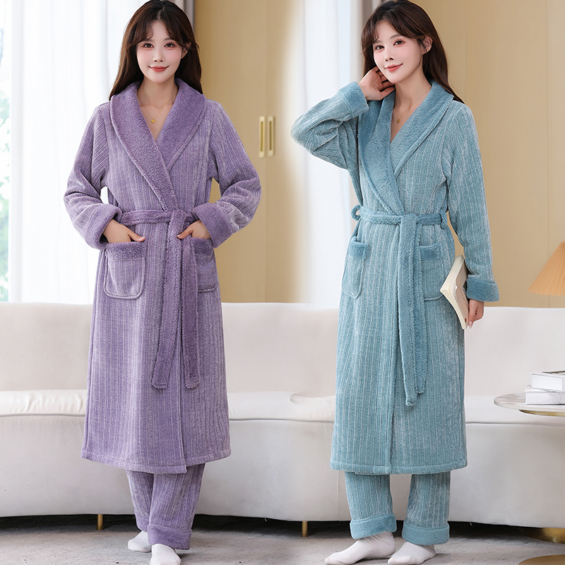 秋冬季女睡衣加绒加厚睡袍女士雪尼尔法兰绒长袖睡袍男士家居服