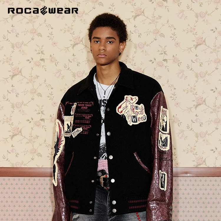 Rocawear潮流毛呢撞色拼接挺括底特律夹克棒球服休闲男外套情侣