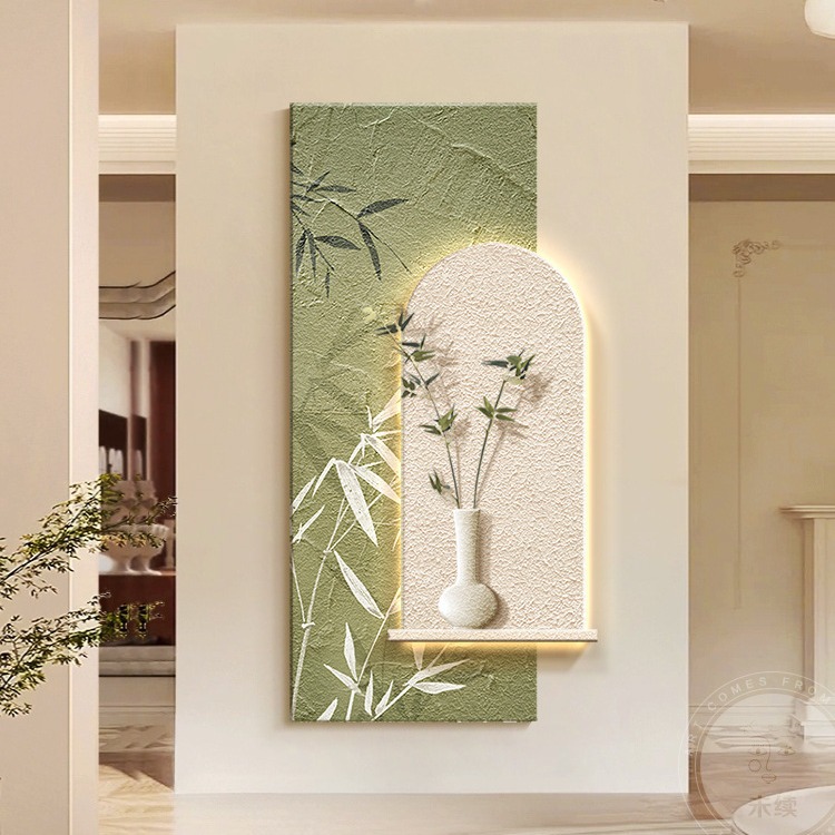 新中式竹子玄关装饰画绿植砂岩客厅挂画走廊过道轻奢高级感壁灯画