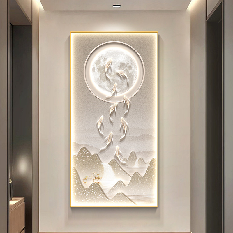 现代轻奢九鱼图玄关装饰画入户门大气山水挂画走廊过道高级感灯画
