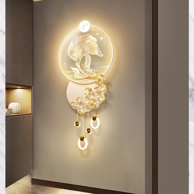 锦鲤玄关装饰画挂过道走廊轻奢高档氛围感强寓意好银杏叶立体壁画