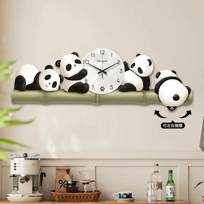 熊猫艺术创意时钟壁客厅家用挂墙摇摆钟表餐厅背景墙静音挂钟挂画