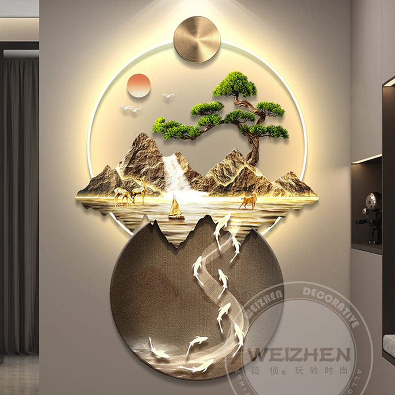 led 带灯轻奢入户玄关装饰画高级感简约现代走廊过道九鱼挂画壁画