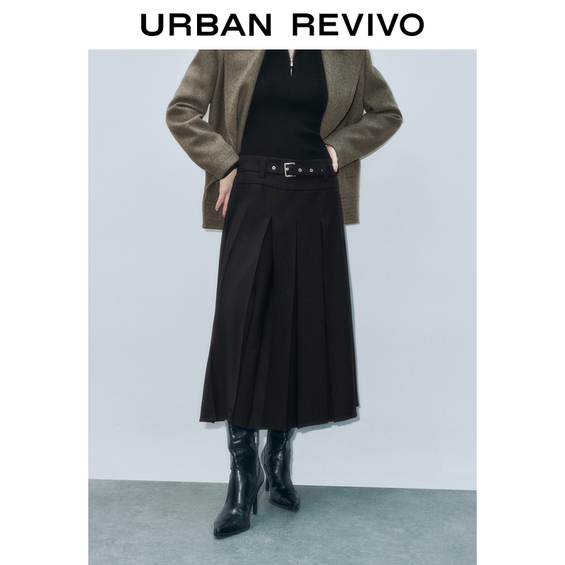 UR2024冬季新款女装时尚轻通勤简约气质腰带半裙UWG540122