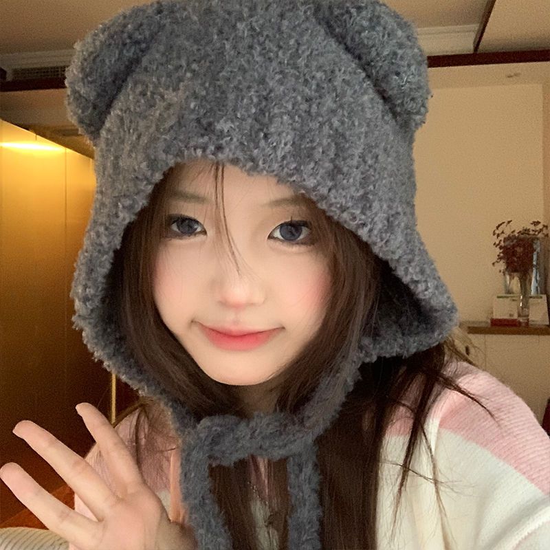 2023爆款可爱小熊帽子女秋冬季保暖护耳毛线帽韩版百搭灰色针织帽