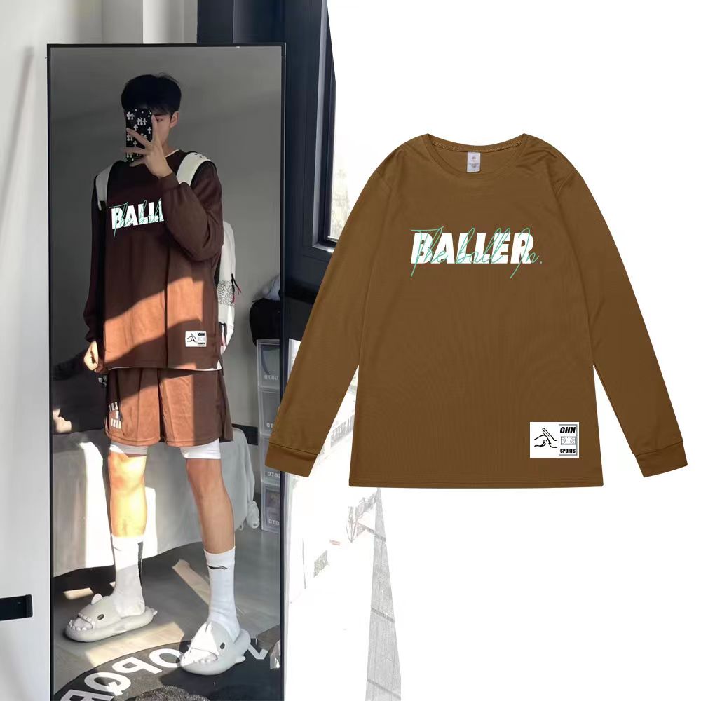 美式字母印花长袖训练T恤男打底速干宽松运动服投篮服设计感开叉