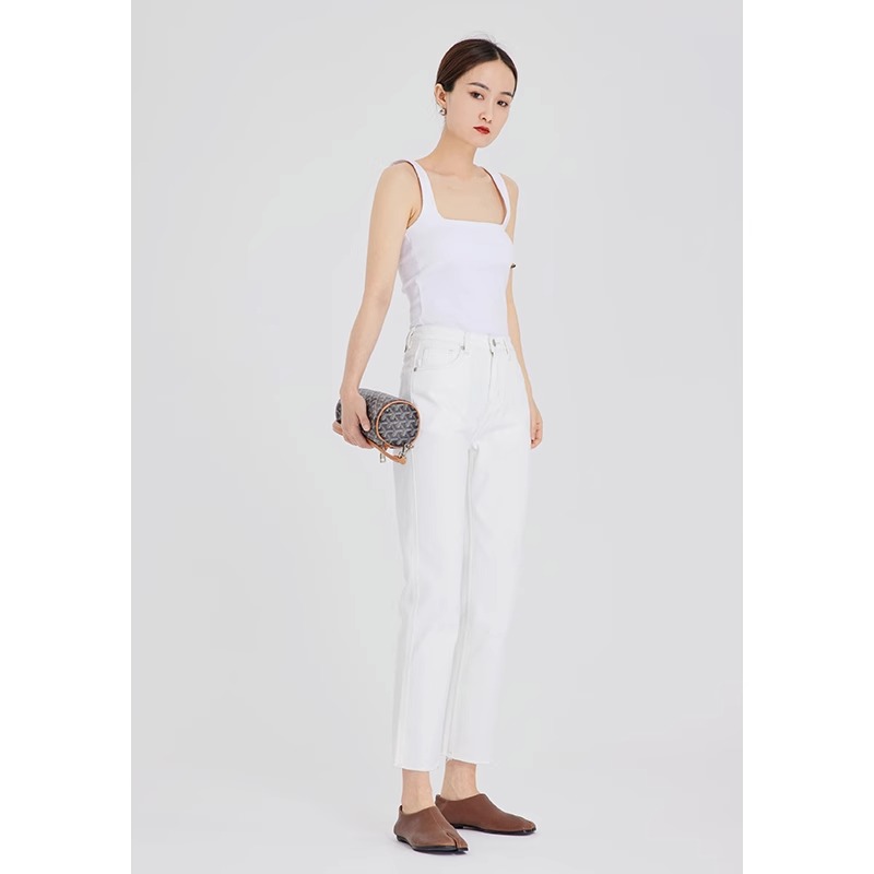 RUGOSAM<特价->时尚高腰女直筒毛边九分牛仔裤T075