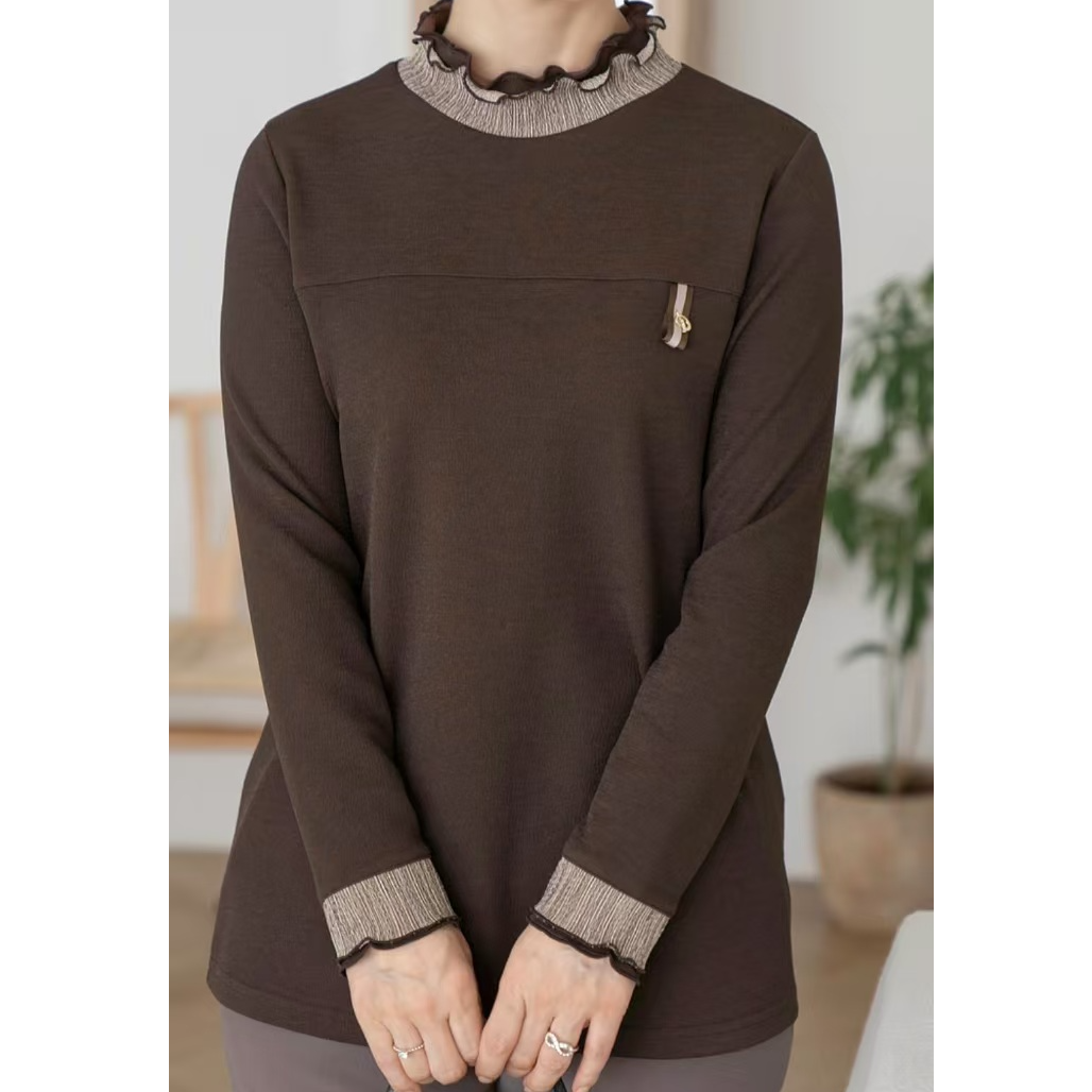 【韩国设计师衣吧】秋冬季时尚百搭柔肤高弹力双层褶子边女款上衣