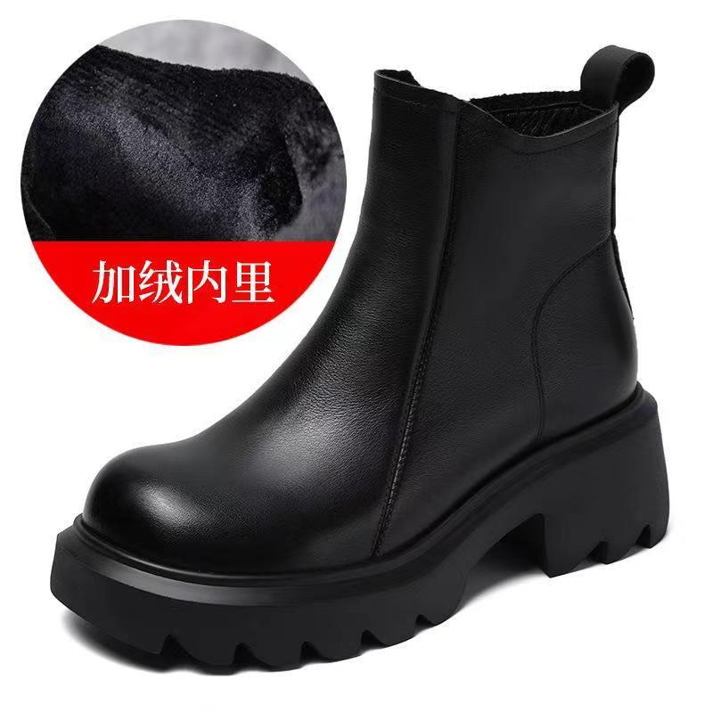 品牌断码真皮小短靴秋冬厚底加绒短筒女士英伦风百搭牛皮短靴
