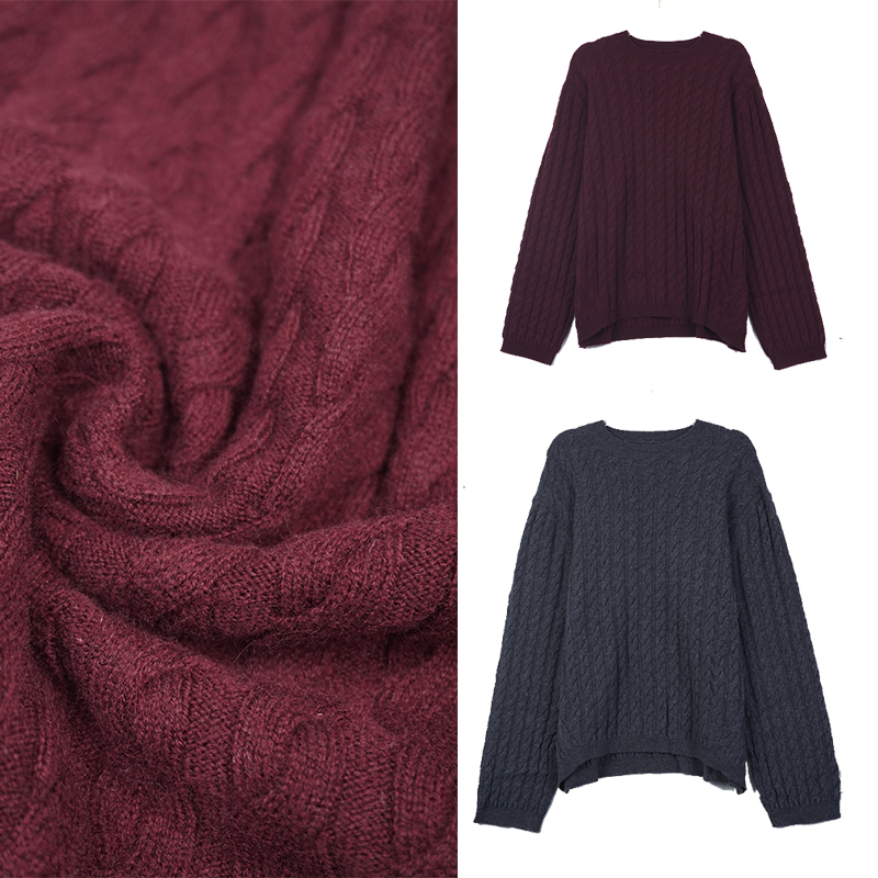 山羊绒女宽松绞花毛衣法式慵懒纯色圆领套头针织衫慵懒风
