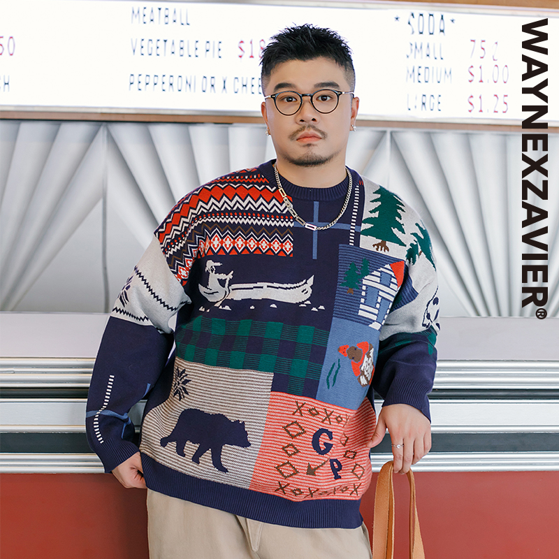 韦恩泽维尔冬大码宽松加肥加大加厚圆领圣诞北欧提花针织毛衣8994
