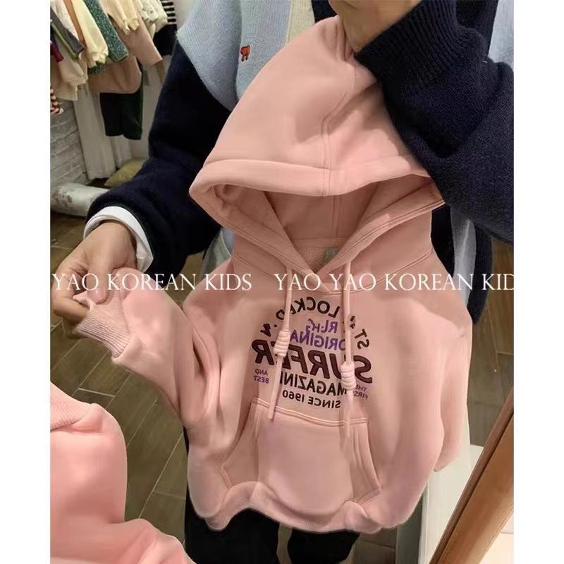 【小扬哥推荐】韩系童装女童外套秋冬款粉色字母印花连帽加绒卫衣