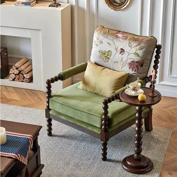 美式实木客厅圆珠老虎椅法式布艺葫芦沙发椅休闲椅新古典懒人沙发