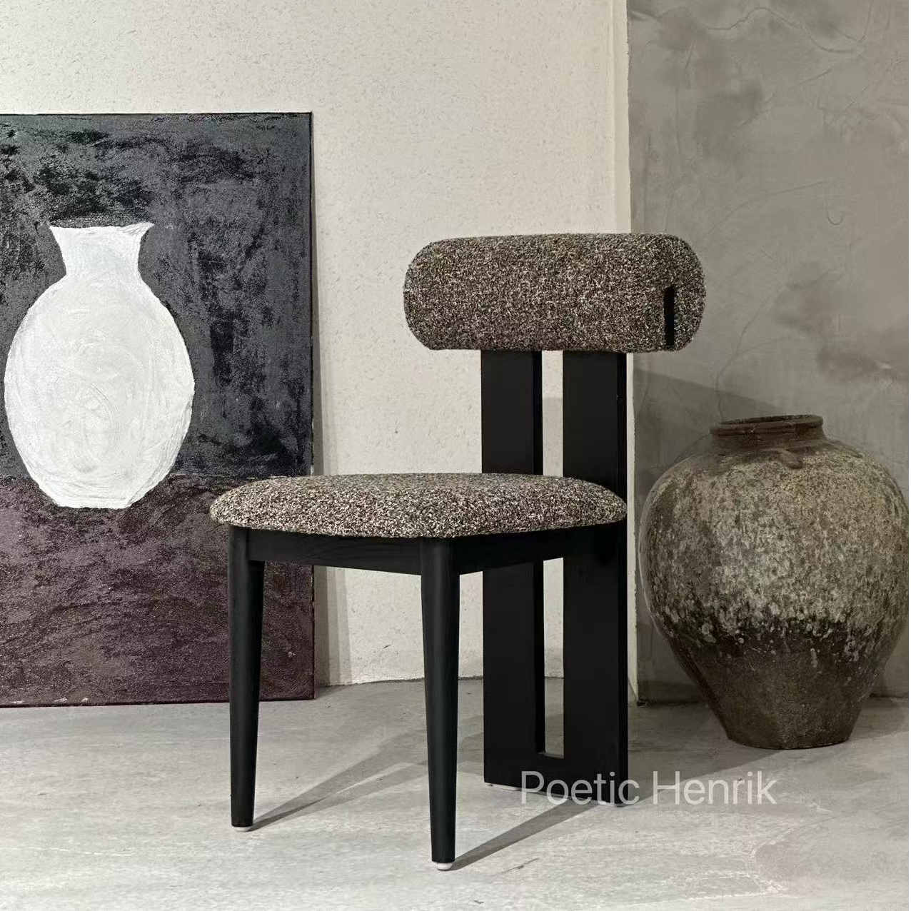 中古轻奢实木休闲椅棉麻家用餐椅侘寂风梳妆台化妆椅白蜡木化妆椅