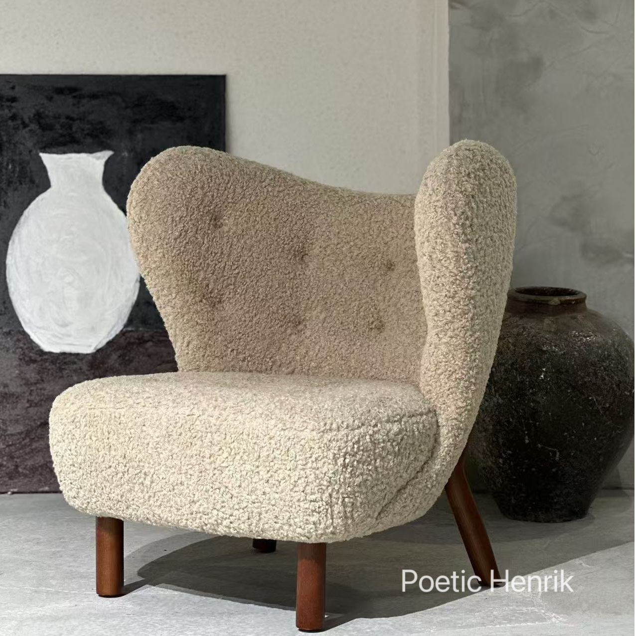 北欧单人沙发椅羊羔绒客厅复古风休闲椅设计师实木单椅卧室懒人椅