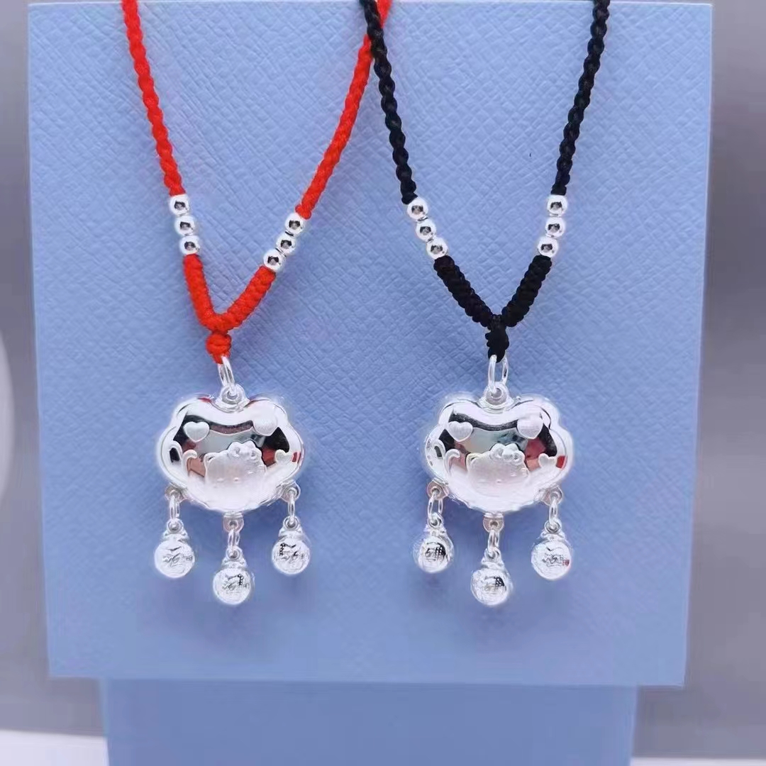 吊坠足银 足银999凯蒂猫福字铃铛项链纯手工编织项链时尚百搭    