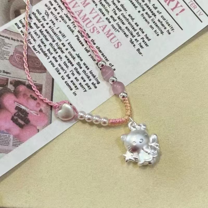 吊坠足银 足银999魔法棒凯蒂猫渐变粉纯手工编织时尚百搭可爱素款