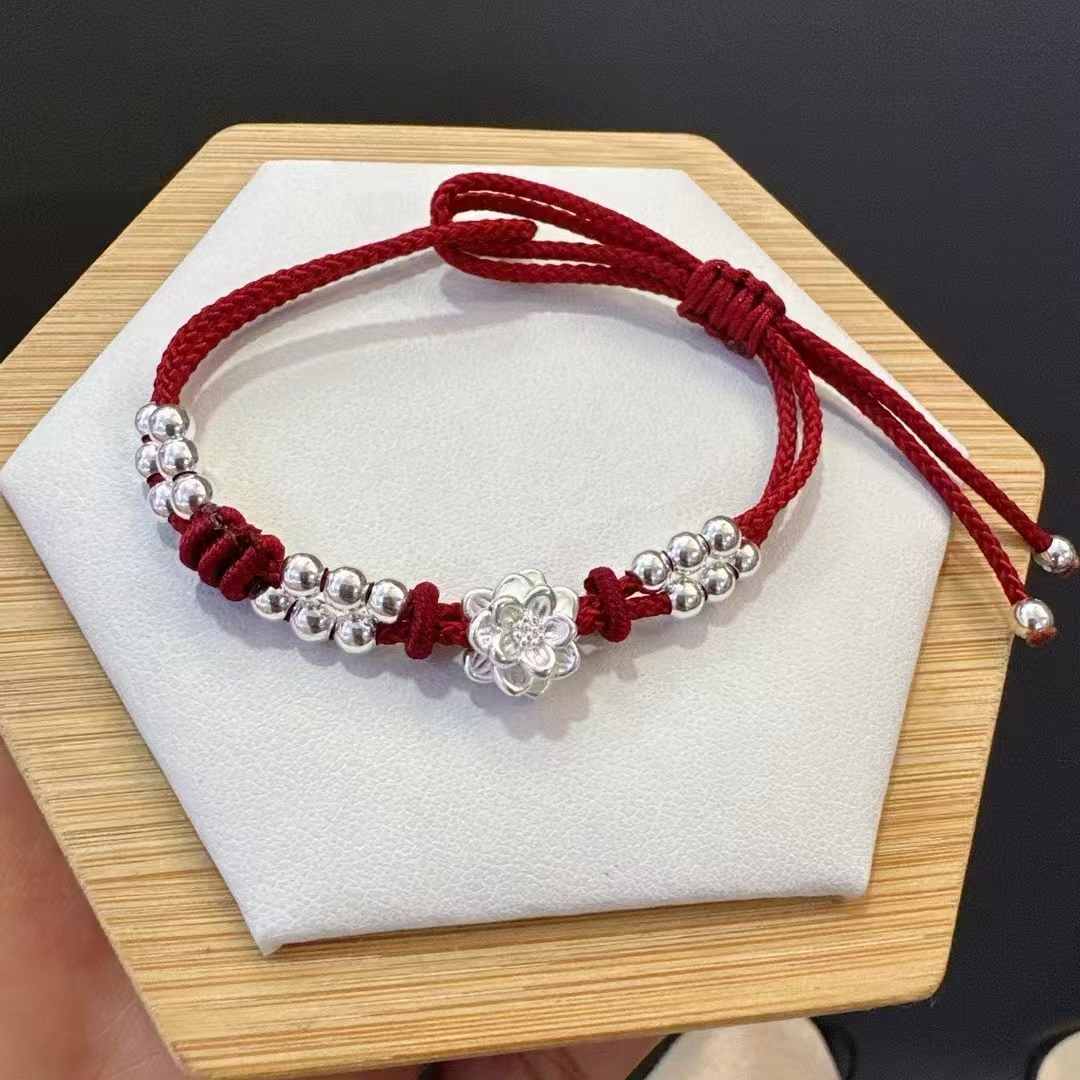 足银手链 足银999手链红绳莲花转运珠纯银手链手工气质编织百搭款