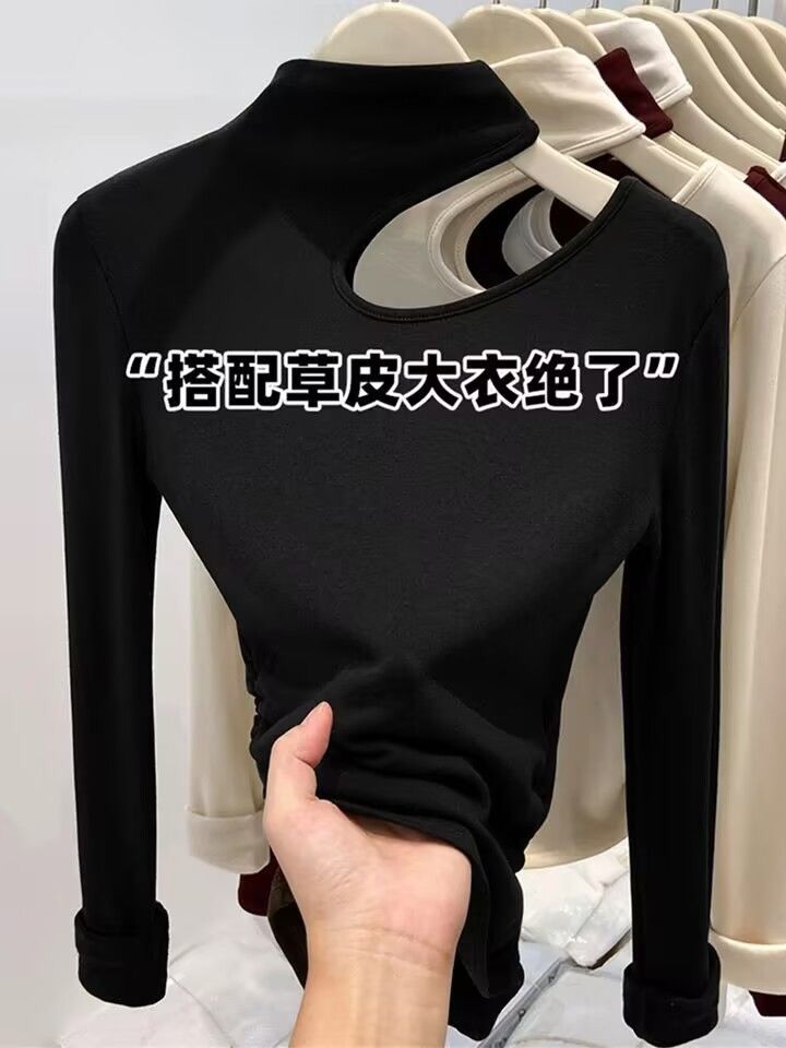 镂空半高领长袖t恤女秋冬季新款修身辣妹磨毛加绒打底衫内搭上衣