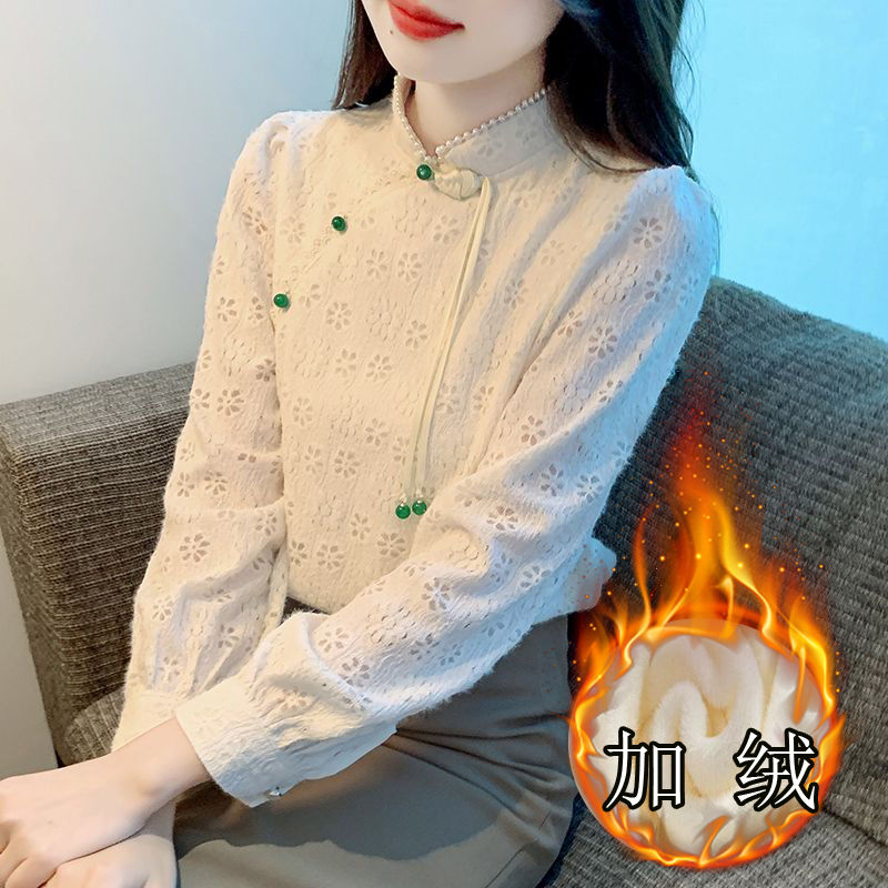加绒立领蕾丝衫女秋冬2023新款国风盘扣配裙上衣保暖名媛内搭小衫