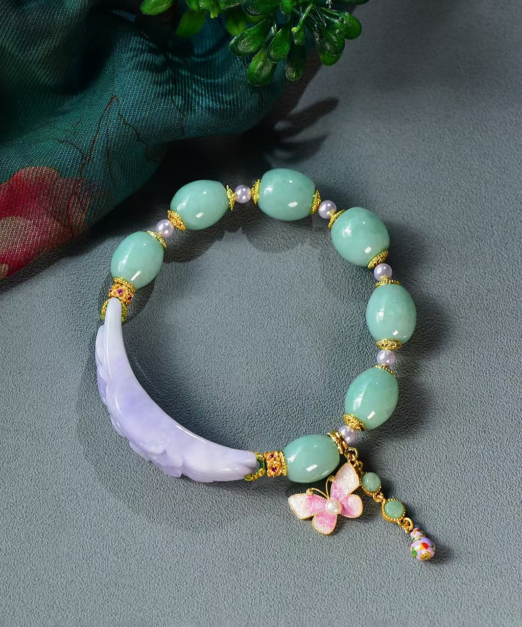 天然A货翡翠素面路路通原创设计手链紫罗兰手牌