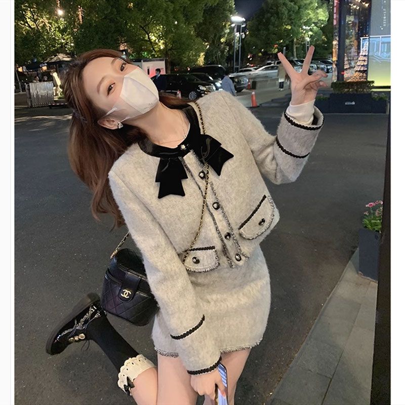 法式气质显瘦小香风套装女秋冬季名媛风减龄蝴蝶结外套半裙两件套