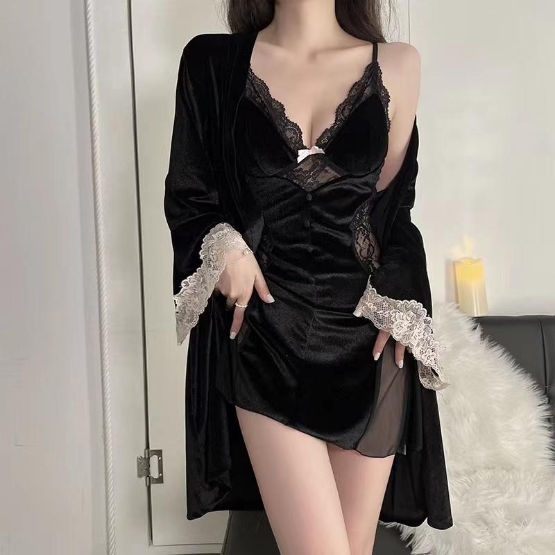 秋冬性感睡衣女金丝绒秋冬款蕾丝带胸垫吊带睡裙外袍纯欲