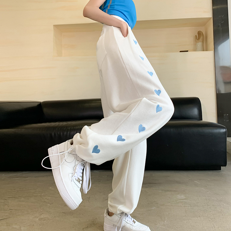 白色运动裤女宽松束脚春夏爱心刺绣阔腿休闲卫裤ins潮长裤子6138