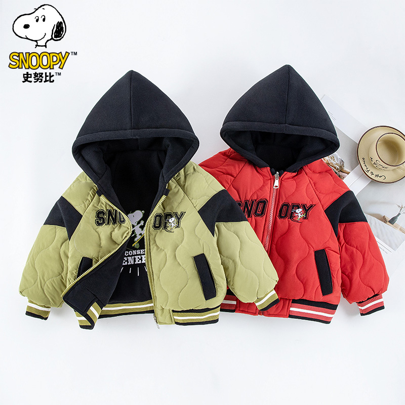 史努比儿童洋气秋冬新款宝宝加绒保暖连帽冬季棉服外套新新加厚