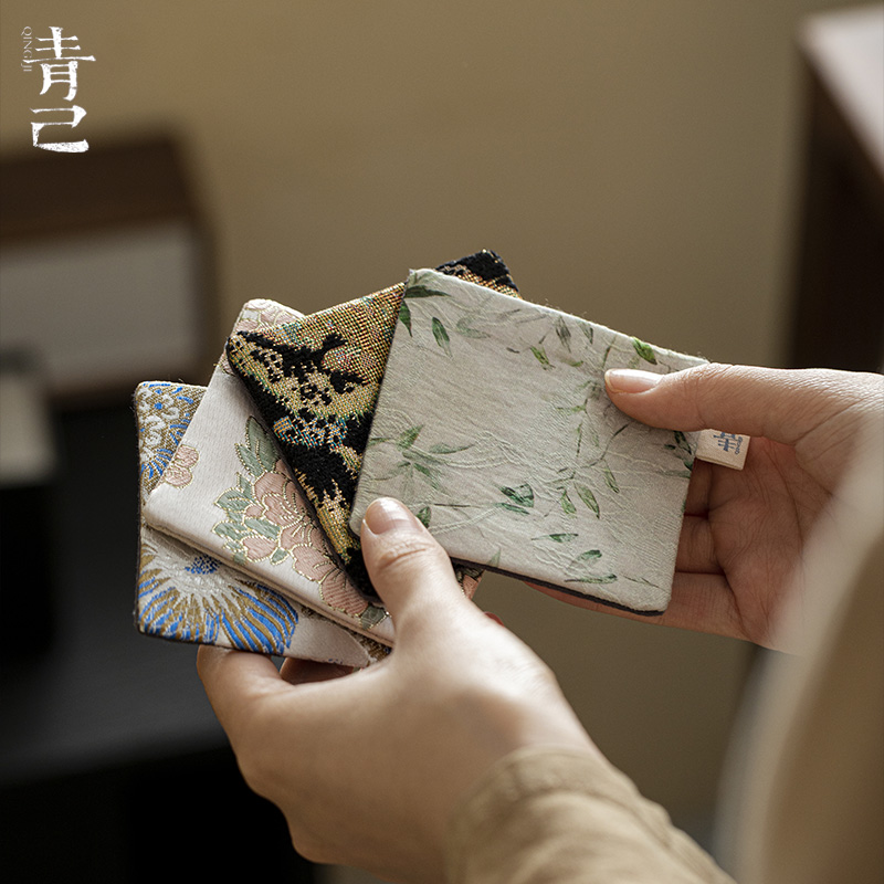 青己 中式刺绣茶杯垫茶道配件布艺隔热布垫家用吸水手工方形杯垫