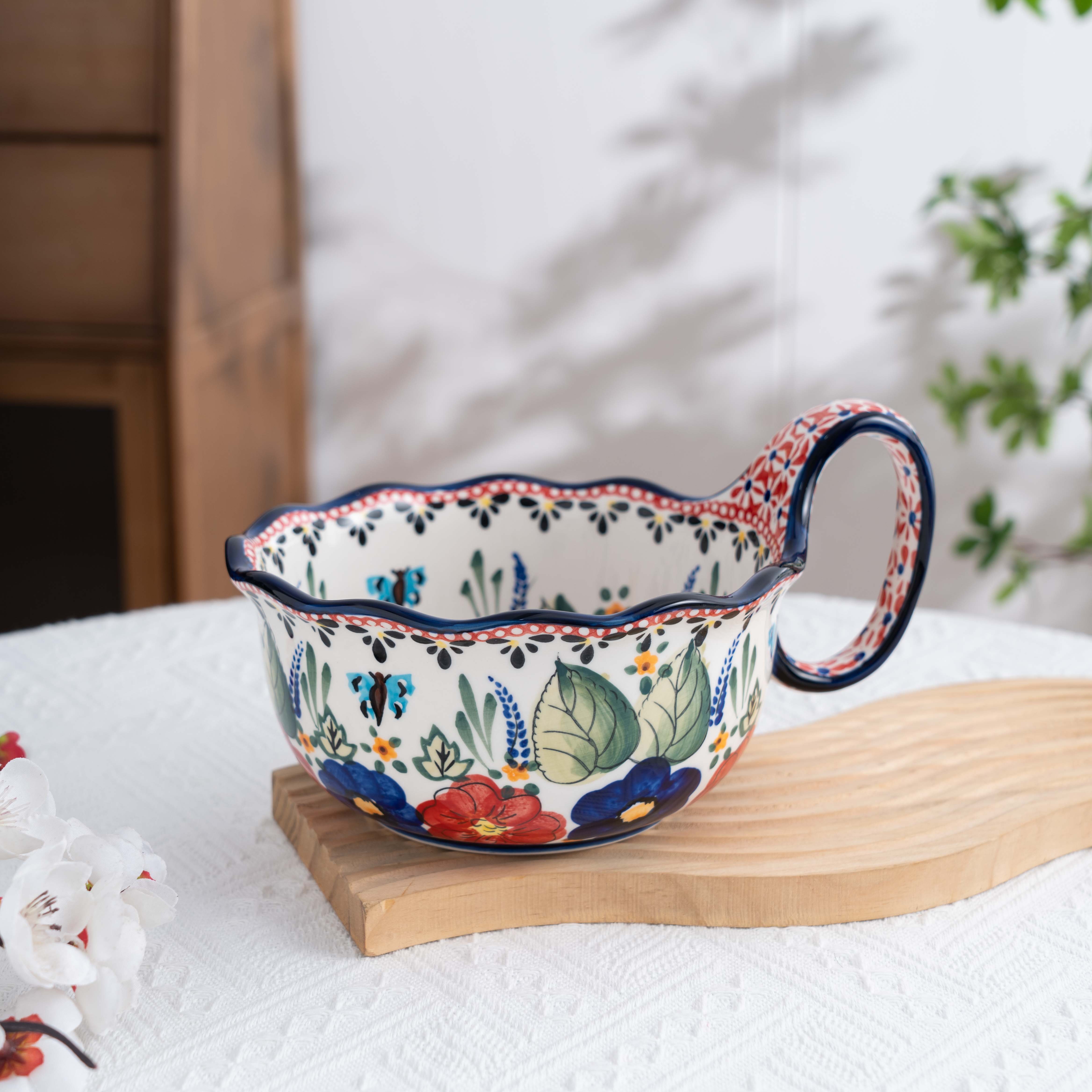 【西里西亚】加厚轻奢手绘8.5英寸复古手工陶瓷花边曲把碗三件套