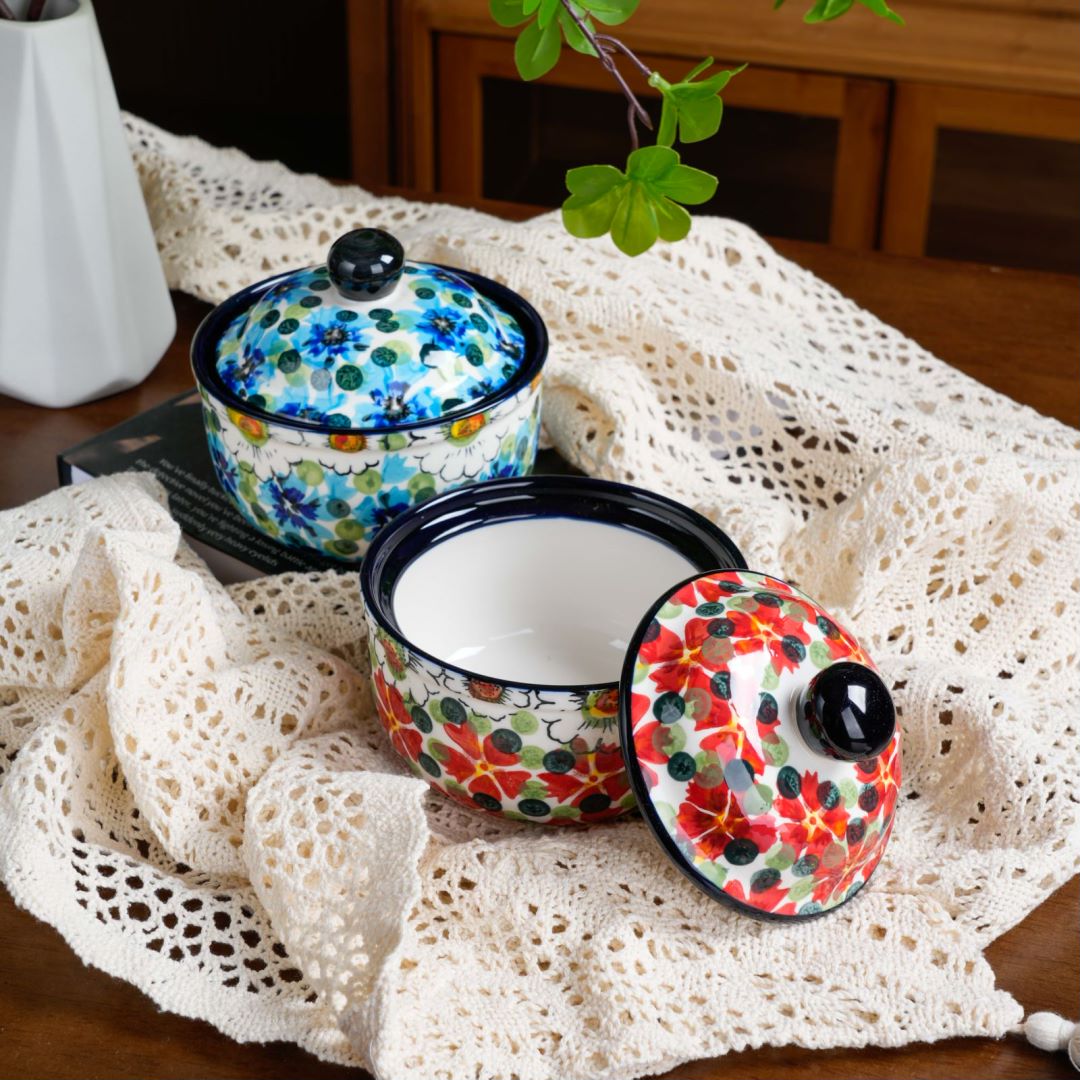 新疆包邮【红色海洋花炖盅】家用手绘釉下彩4.5寸带盖炖盅